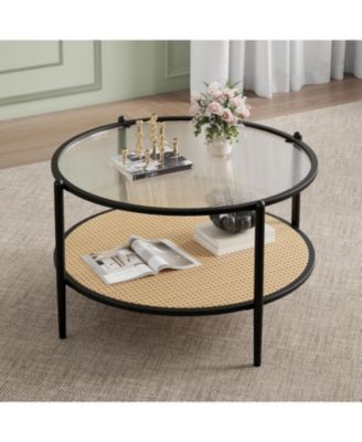 Round Coffee Table, 2-Tier Tea Table with Rattan Storage Shelf and Metal Frame, Tempered Glass Tabletop, Boho Cocktail Tables