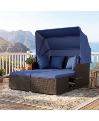 Outdoor Rattan Daybed with Retractable Canopy and Side Tables