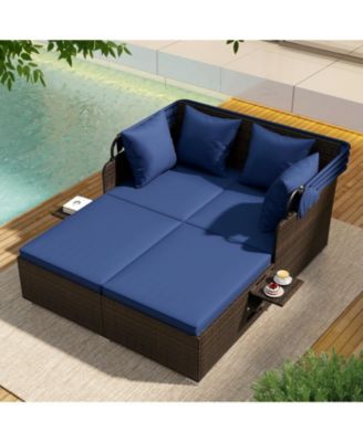 Outdoor Rattan Daybed with Retractable Canopy and Side Tables