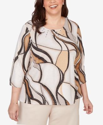 Plus Size Seville Abstract Print Pleated Crewneck Top