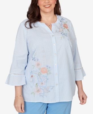 Plus Size St. Augustine Striped Floral Embroidered Button-Down Top