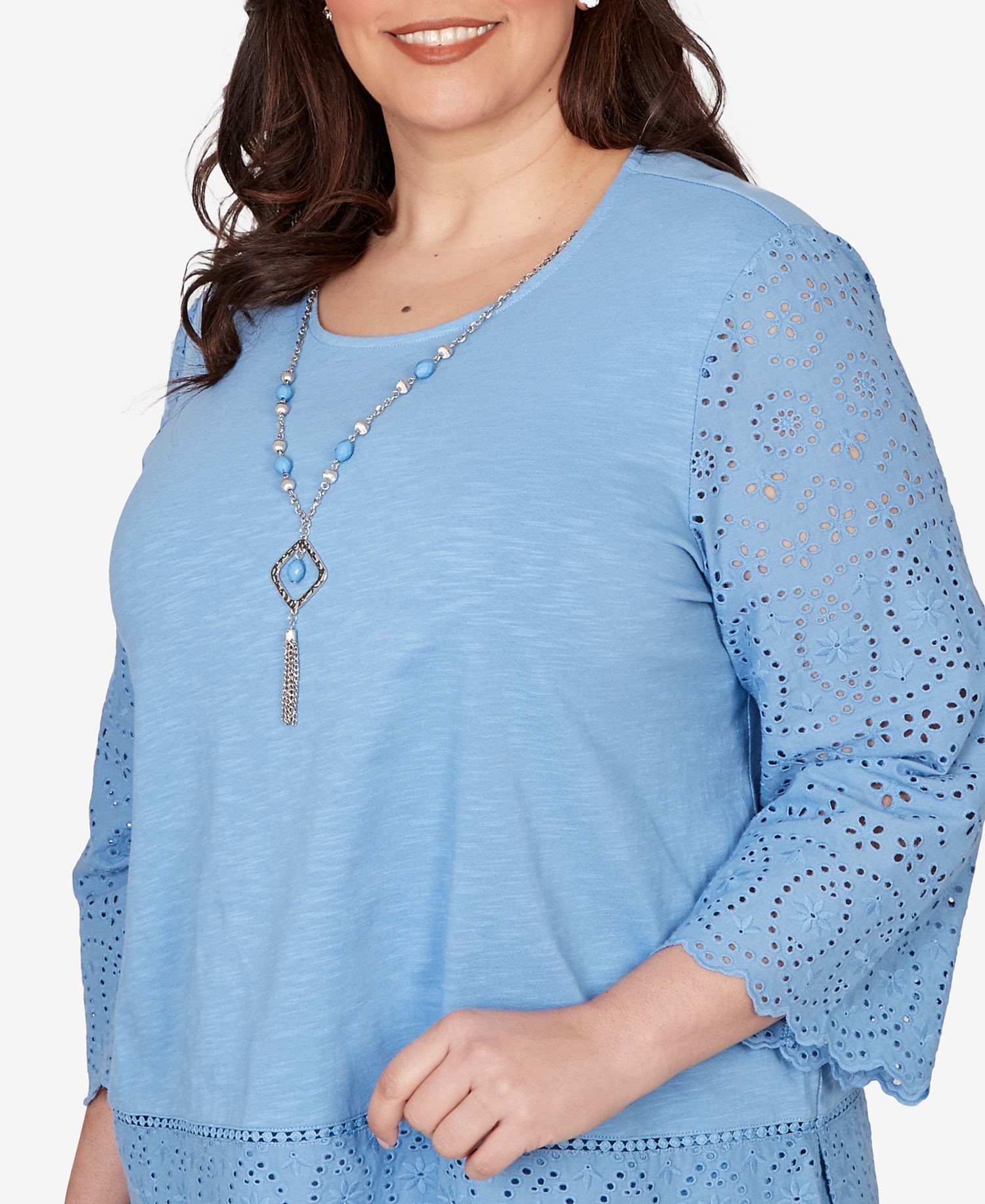 Plus Size St. Augustine Solid Eyelet Trim Top with Necklace