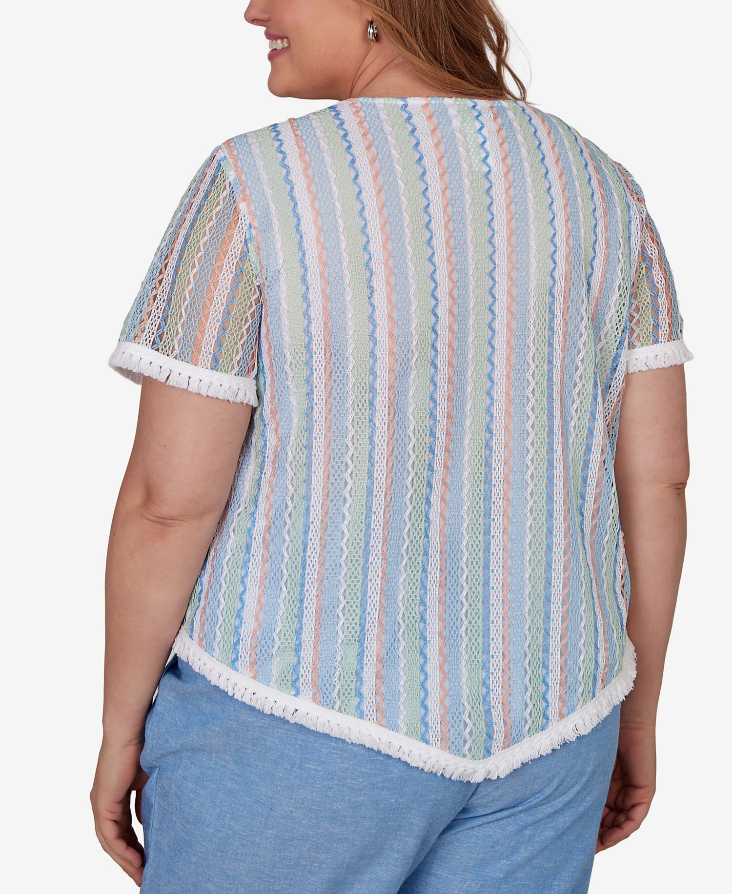 Plus Size Caribbean Blues Textured Stripe T-Shirt with Necklace