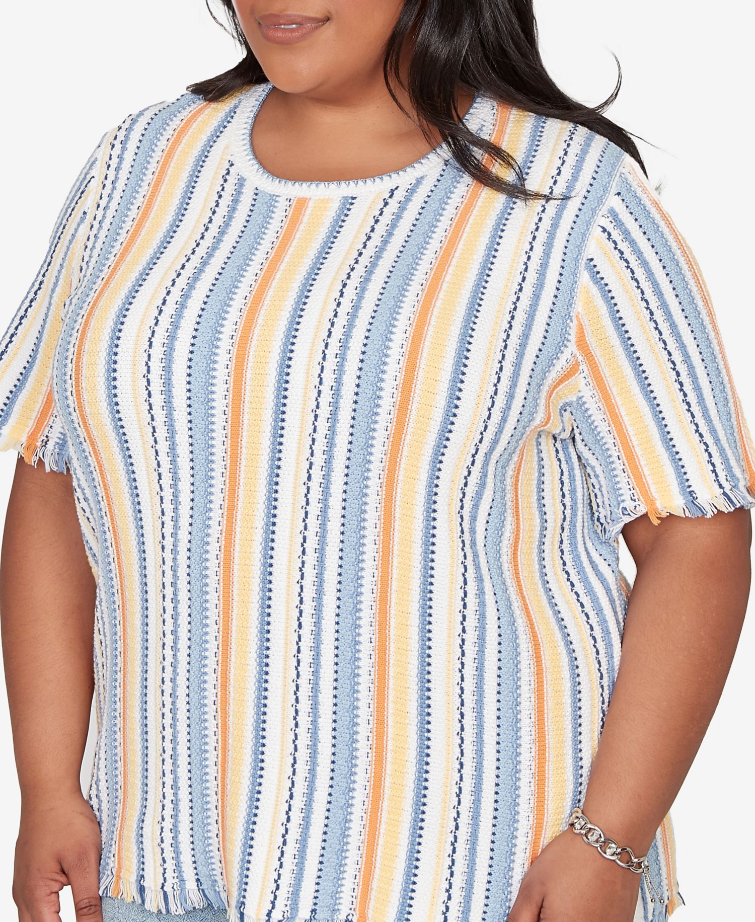 Plus Size Out of the Blue Textured Fringe Stripe T-Shirt
