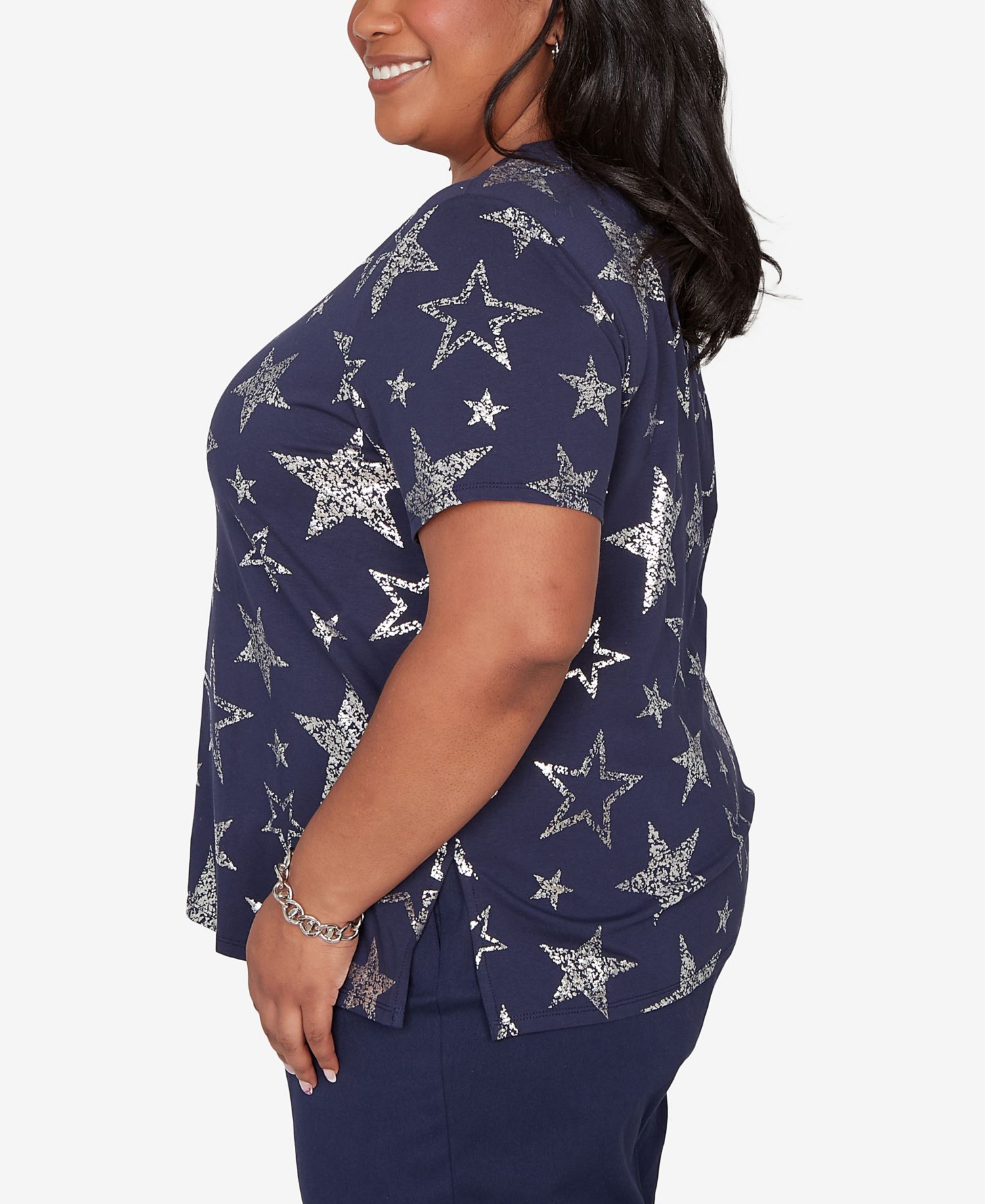 Plus Size Lady Liberty Sparkling Foil Stars Crewneck T-Shirt