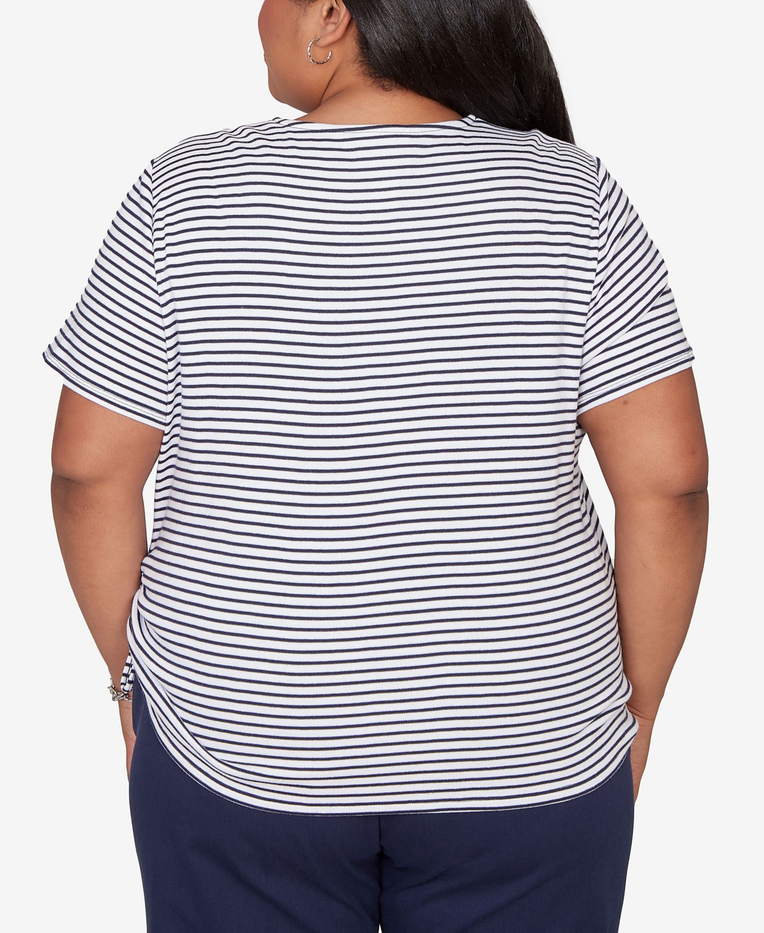 Plus Size Lady Liberty Embroidered Neck Striped Side Tie Top