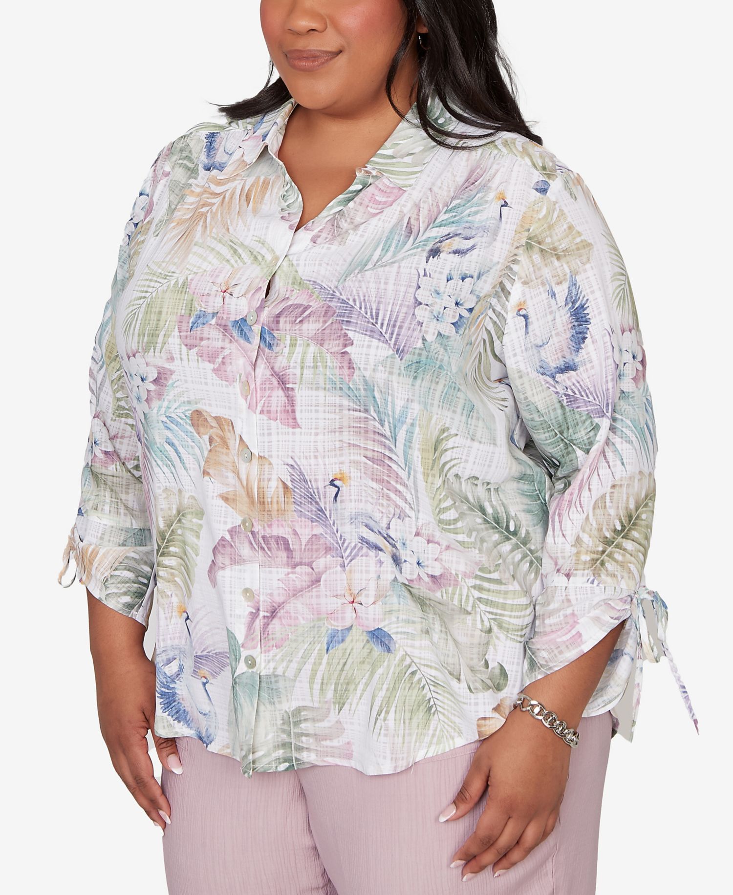 Plus Size Vintage Charm Tropical Button-Front Tie-Sleeve Top