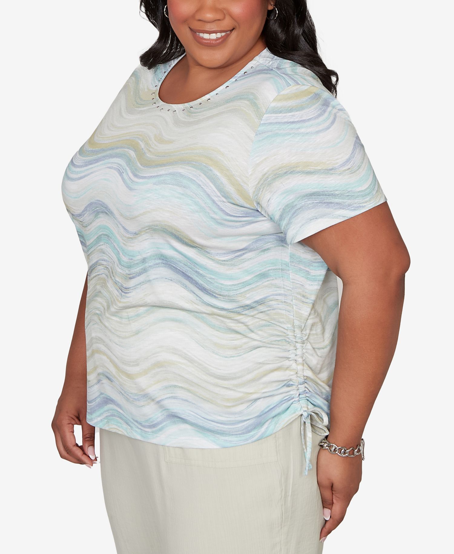 Plus Size Vintage Charm Wavy Biadere Side Tie Ruched T-Shirt