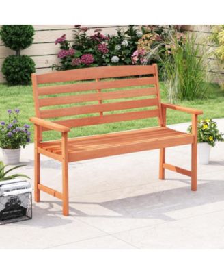 2-Person Wooden Garden Bench with Slatted Backrest and Comfortable Armrests