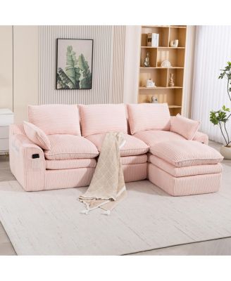 L-Shape Corduroy Modular Sectional Sofa with Movable Footstool