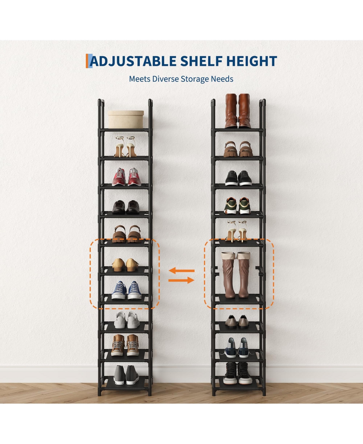 Homfan 10 Tier Metal Shoe Rack with Adjustable Fabric Shelves