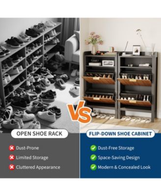 Fluted Shoe Cabinet with 2 Flip Drawers and Open Shelves, 23.6 x 9.4 x 43.7 in Slim Entryway Storage Organizer