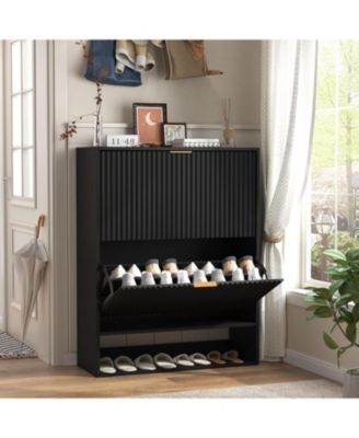 Fluted Shoe Cabinet with 2 Flip Drawers, Open Shelf and Side Hooks, Slim Entryway Storage for Hallway or Foyer