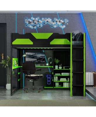 Wood Loft Bed with Desk, Multi-storage Shelves, USB and RGB Light