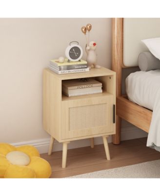 Oak Rattan Nightstand with Door and Open Shelf - Solid Wood Legs Accent End Table
