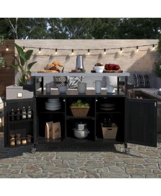 Outdoor Kitchen Island and Rolling Bar Cart, Farmhouse Solid Wood Grill Table with Stainless Steel Top, Spice Rack and Towel Rack