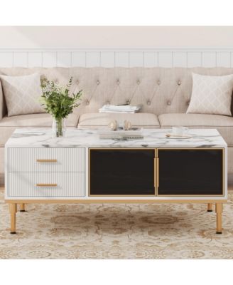 Modern Faux Marble Coffee Table with Storage, 4 Drawers, 2 Glass Doors, Fluted Design, Adjustable Legs