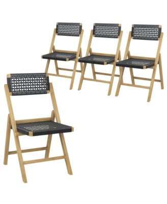 4PCS Folding Chairs w/ Woven Rope Seat and High Back Indonesia Teak Patio