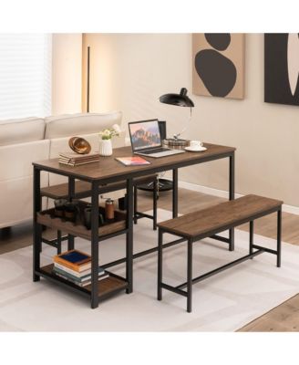 3PCS Rustic Kitchen Dining Set Includes Storage Rack w/ Rectangular Table and 2 Benches