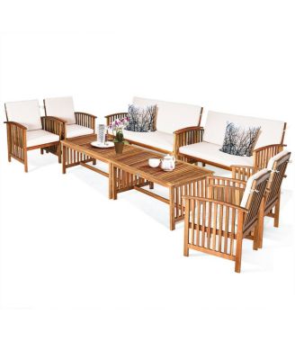 8PCS Wooden Patio Conversation Set Outdoor Furniture Set w/ Cushions