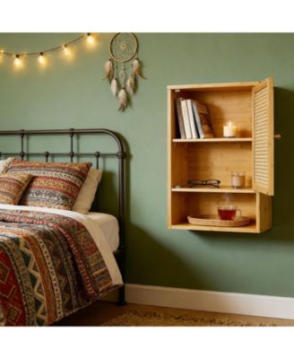 Bathroom Wall Cabinet, Wood Rattan Storage with 3-Tier Shelves and Doors, Medicine Cabinet, Holds 33lbs for Bathroom, Laundry Room