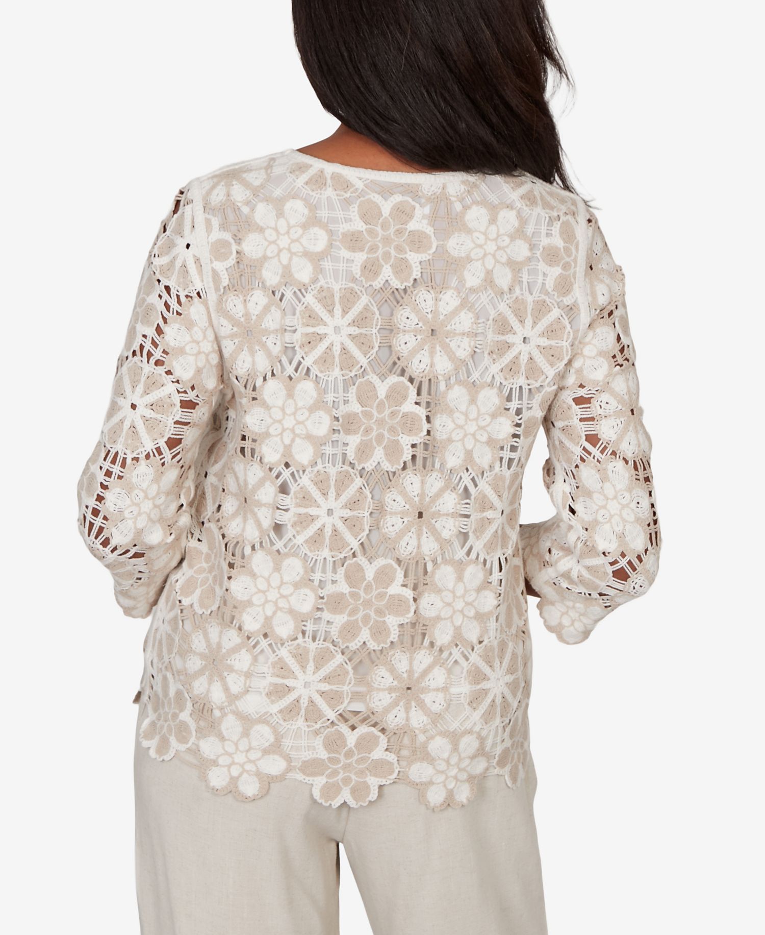 Women's Natural Wonder Floral Crochet Three-Quarter-Sleeve Top