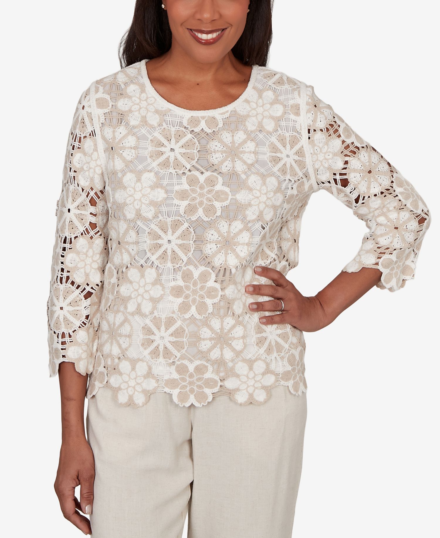 Women's Natural Wonder Floral Crochet Three-Quarter-Sleeve Top