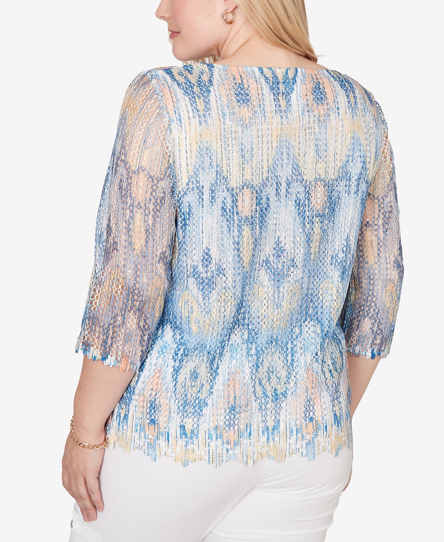 Women's Out of the Blue Dramatic Ikat Scallop Trim Crewneck Top