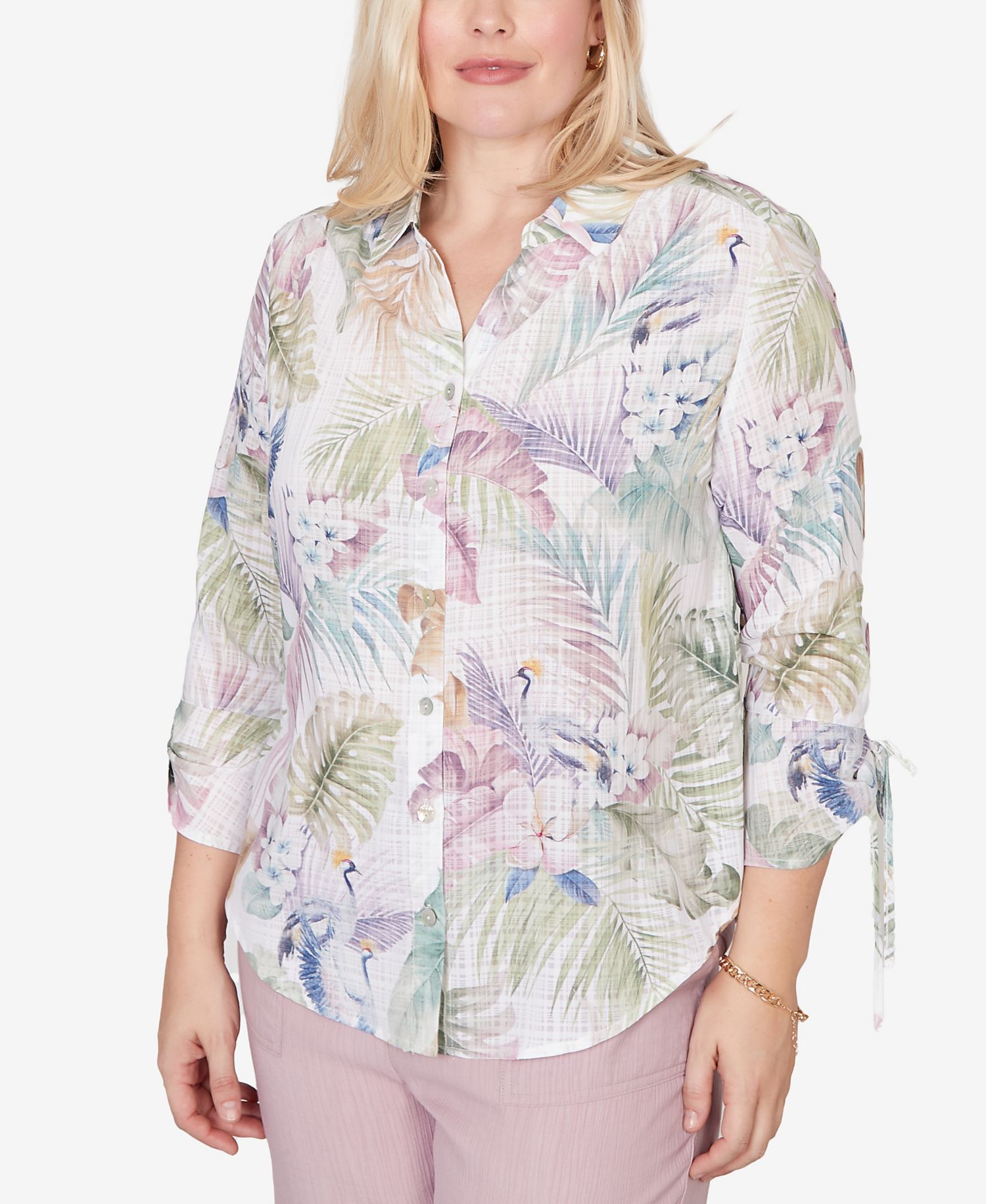 Women's Vintage Charm Tropical Button-Front Tie-Sleeve Top