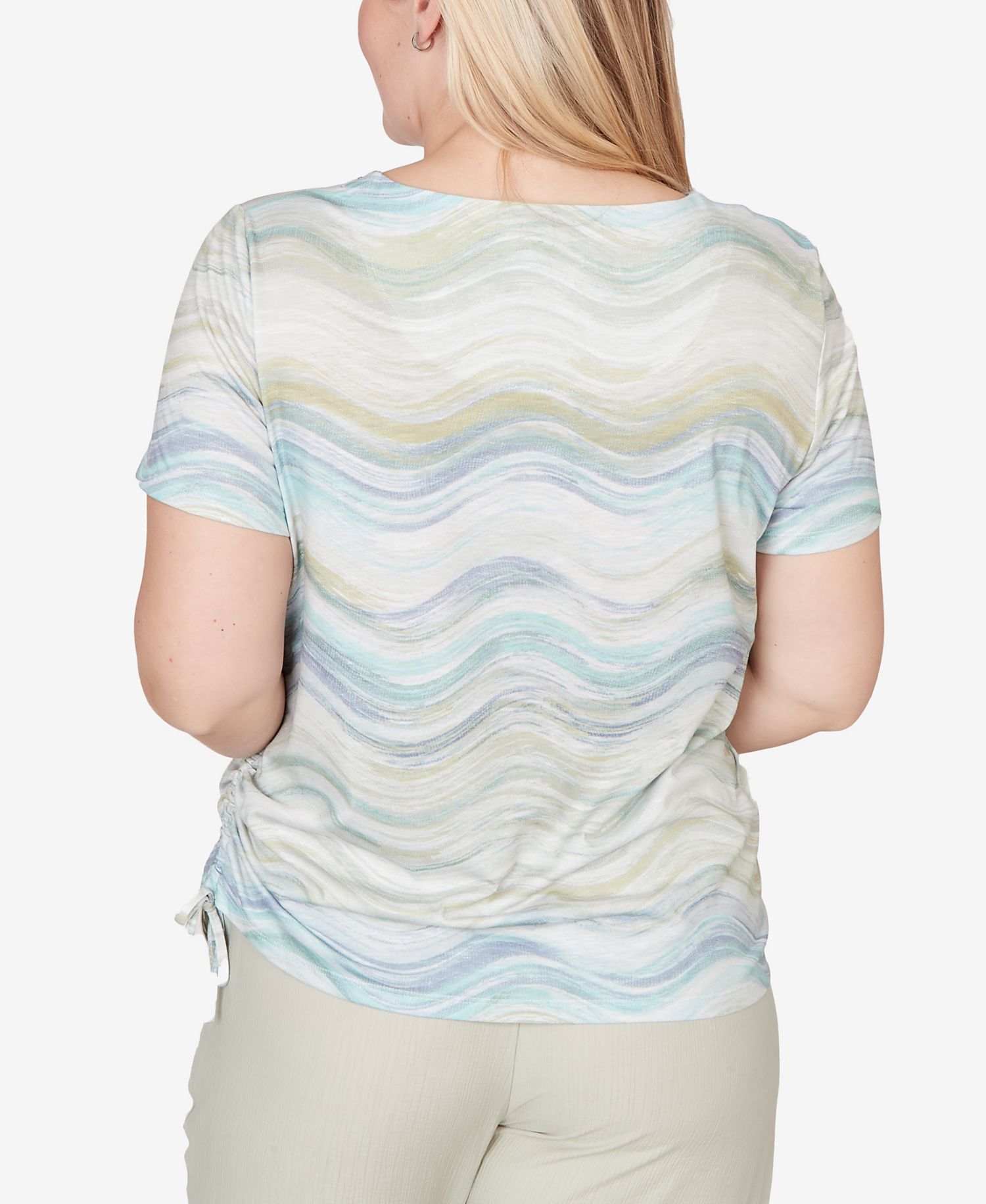 Women's Vintage Charm Wavy Biadere Side-Tie Ruched Crewneck T-Shirt