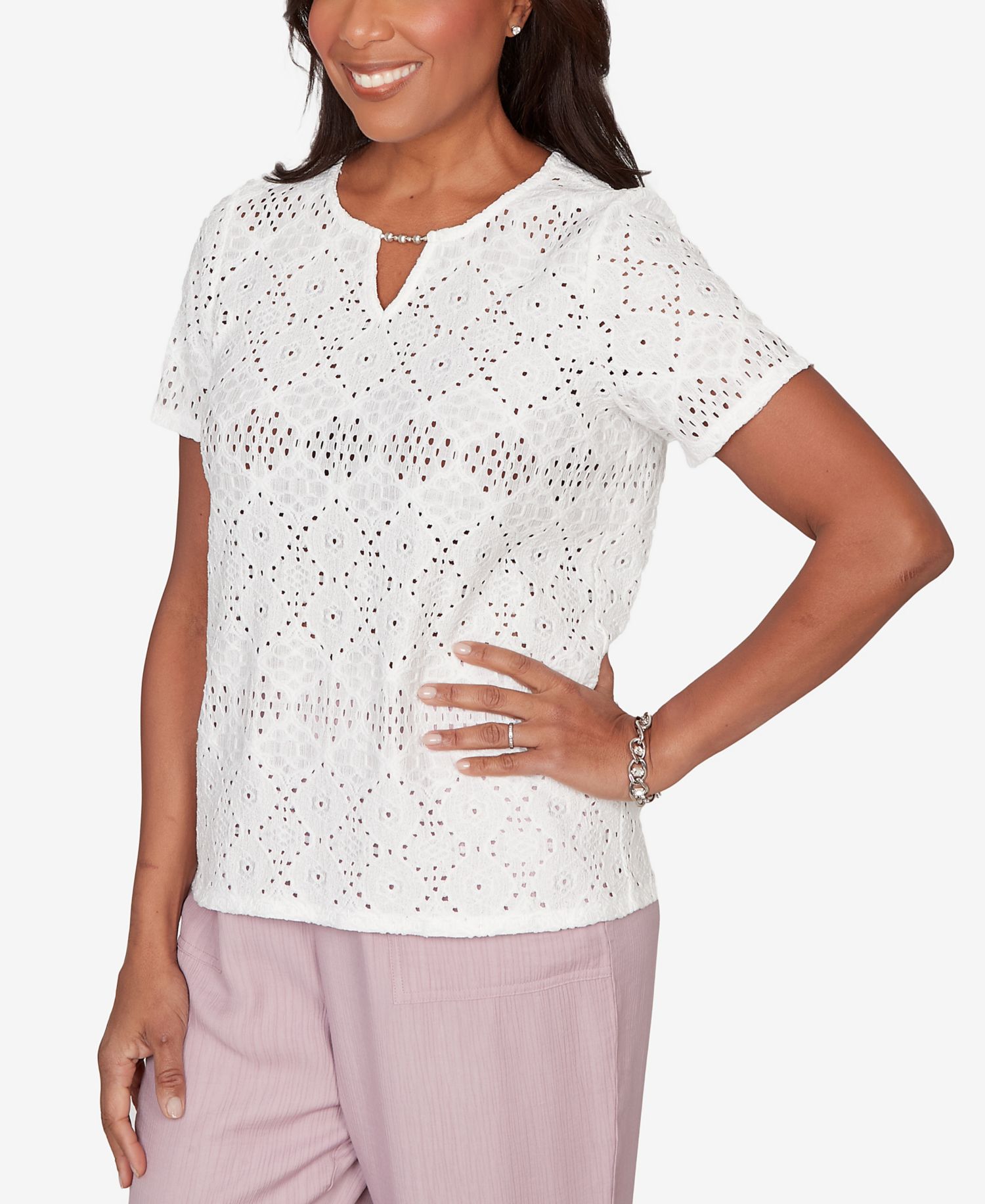 Women's Vintage Charm Solid Eyelet Split Beaded Neck Top