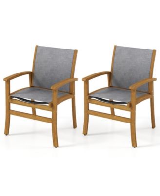 Set of 2 Patio Dining Chairs with Breathable Fabric and Acacia Wood Frame