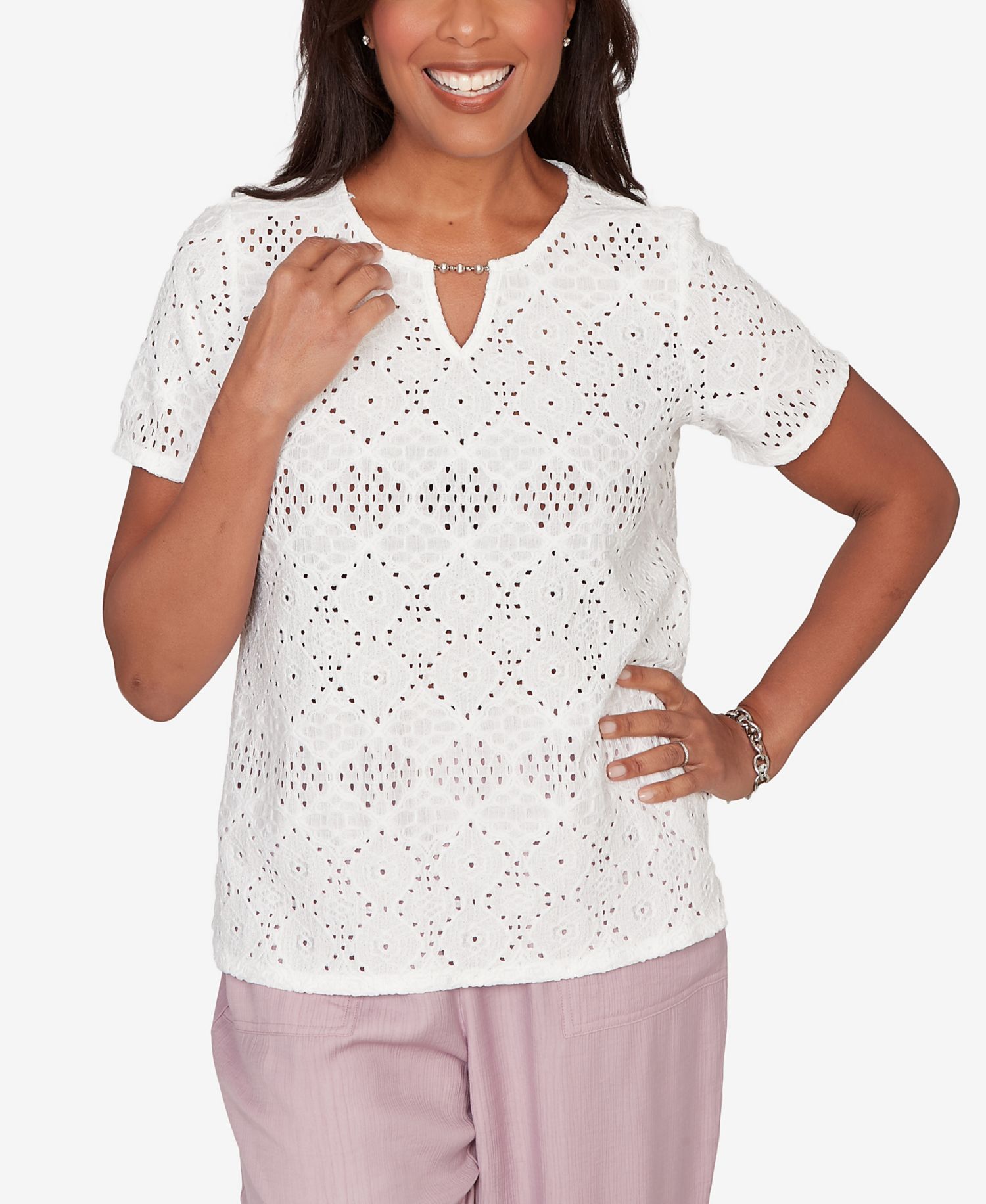 Women's Vintage Charm Solid Eyelet Split Beaded Neck Top