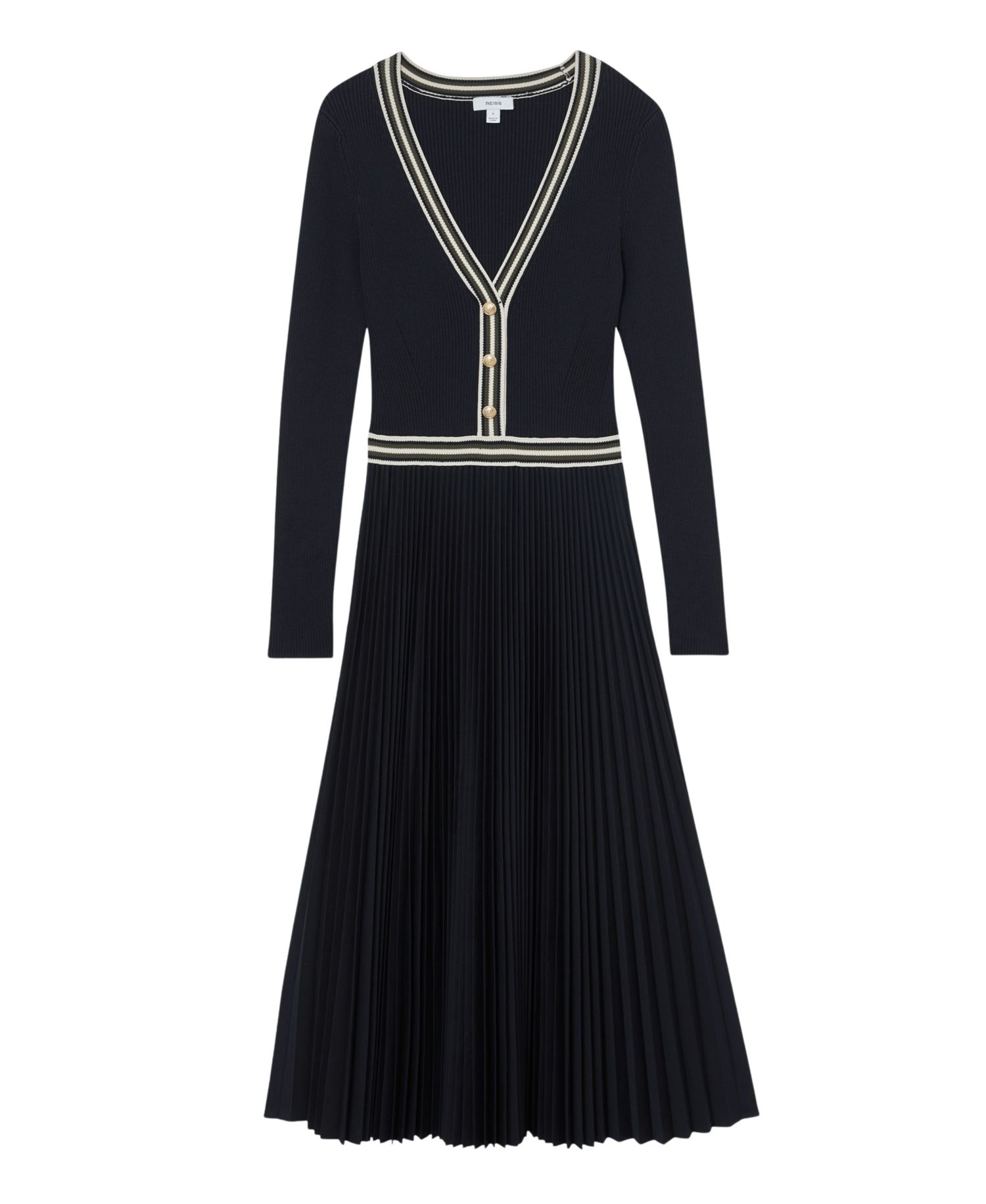 Women's Rib-Knit Stripe-Trim Pleated Midi Dress