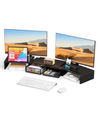Dual Monitor Stand Riser With Drawer Smartphone Holder Wooden Desk Organizer Adjustable Workspace Computer 2 drawers