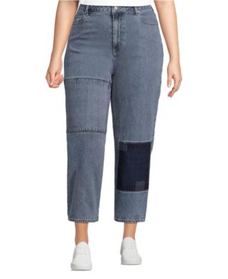 Women's Soft Denim Mid Rise Relaxed Straight Crop Patchwork Jeans