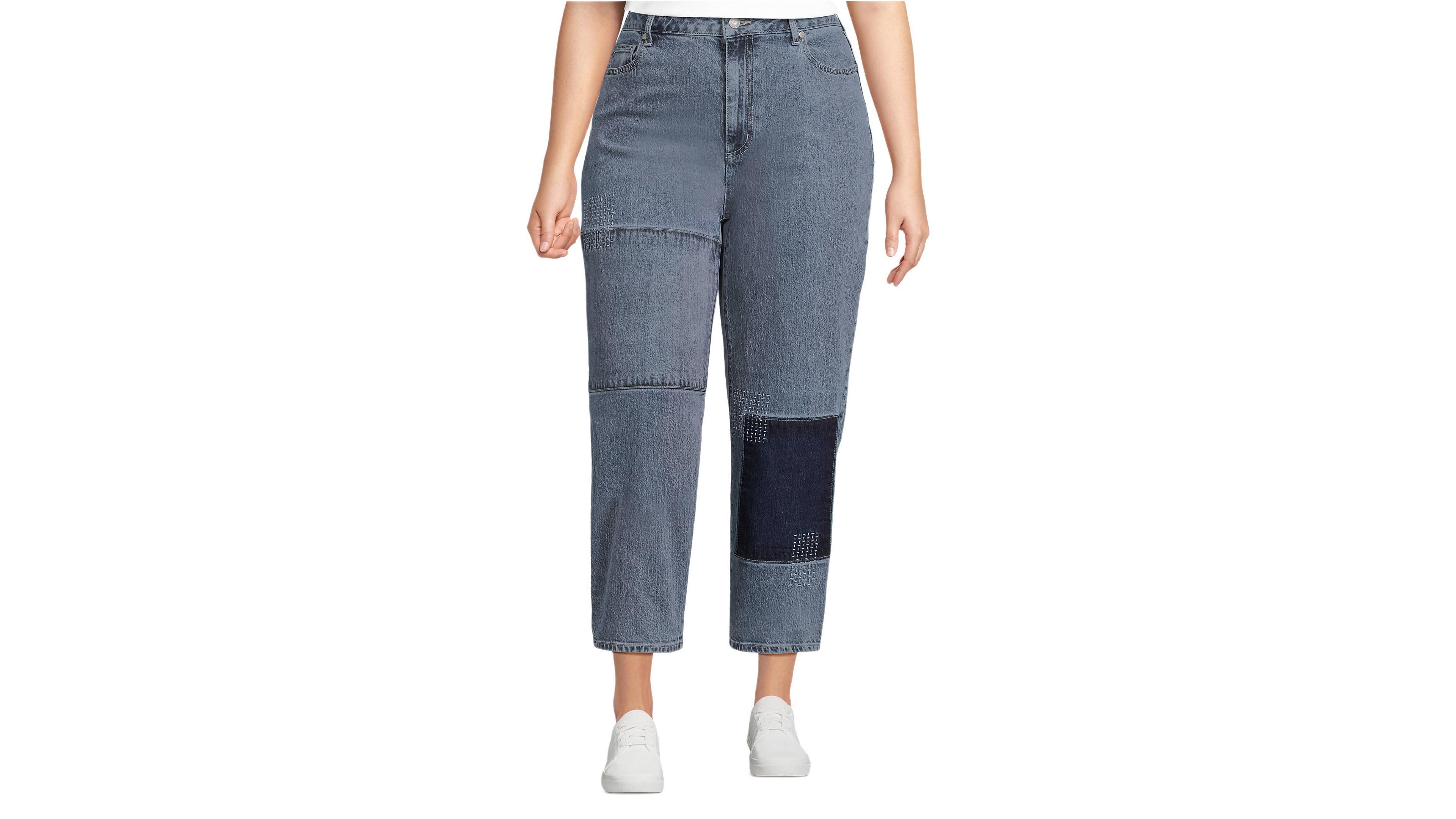 Lands' End Women's Soft Denim Mid Rise Relaxed Straight Crop Patchwork Jeans