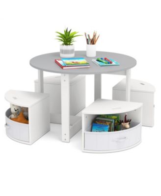 5-Piece Kids Round Nesting Table Set with 4 Storage Stools