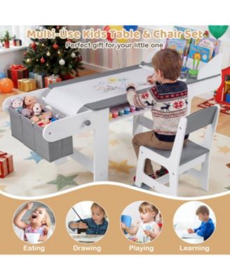 Kids Art Table and Chair Set with Paper Roll and Storage Cubbies