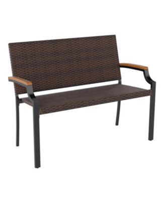 Stackable PE Wicker Patio Loveseat with Acacia Wood Armrests