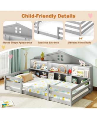 Twin Montessori Floor Bed with Storage Shelves and Storage Compartments