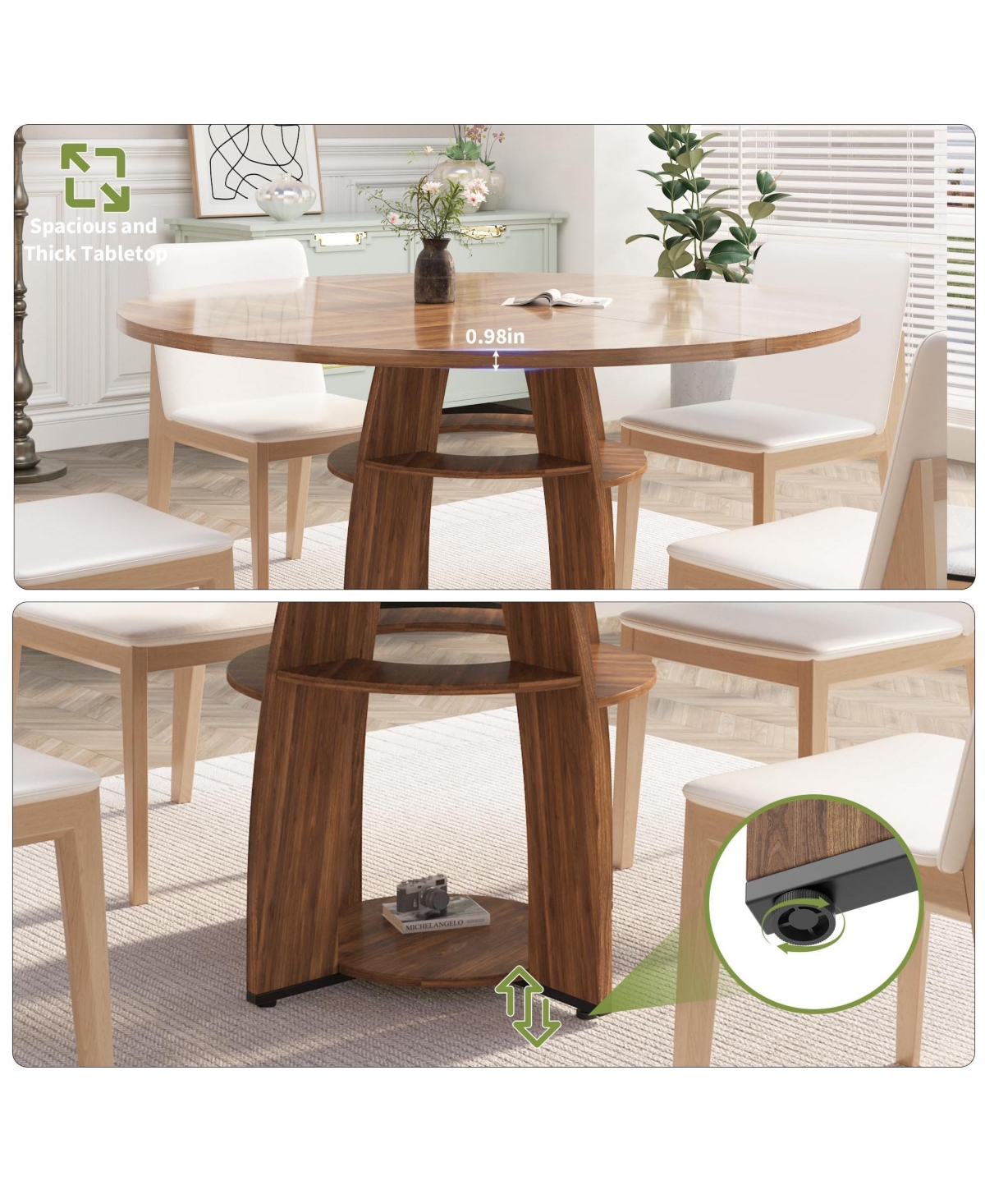 homfan Modern Dining Table with Storage Shelf, 47-Inch Round Table for 4-6, Adjustable Feet, Ideal for Dining Room or Apartment