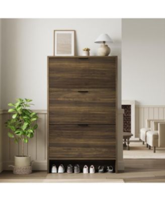 Fluted Shoe Cabinet with 3 Flip Drawers, Wide Slim Entryway Storage
