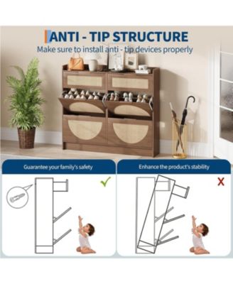 Rattan Shoe Cabinet with Adjustable Shelves and Metal Handles, Narrow Entryway Storage
