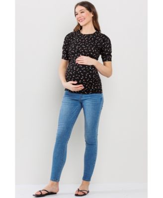 Maternity Floral Ribbed Ruched Puff-Sleeve Fitted Top