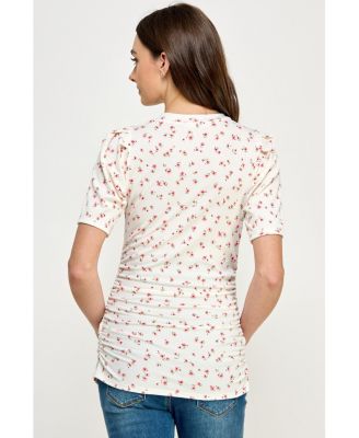 Maternity Floral Ribbed Ruched Puff-Sleeve Fitted Top