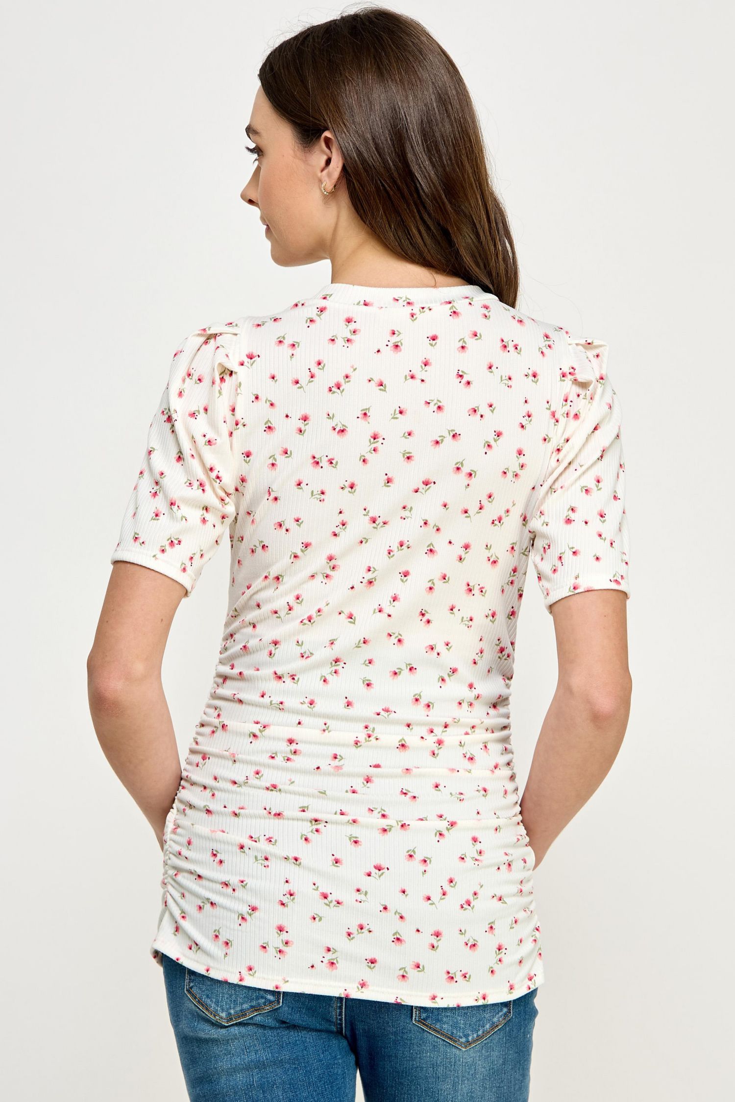 Maternity Floral Ribbed Ruched Puff-Sleeve Fitted Top