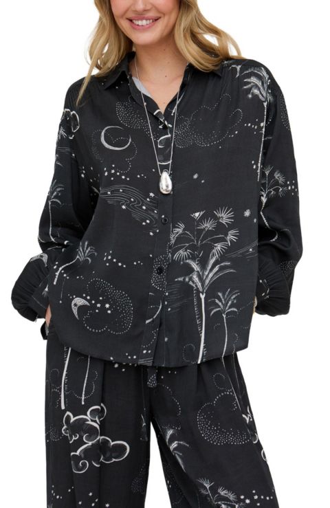 Женская рубашка Raffya Palm Button Down Palm Print, цвет: Чёрный
