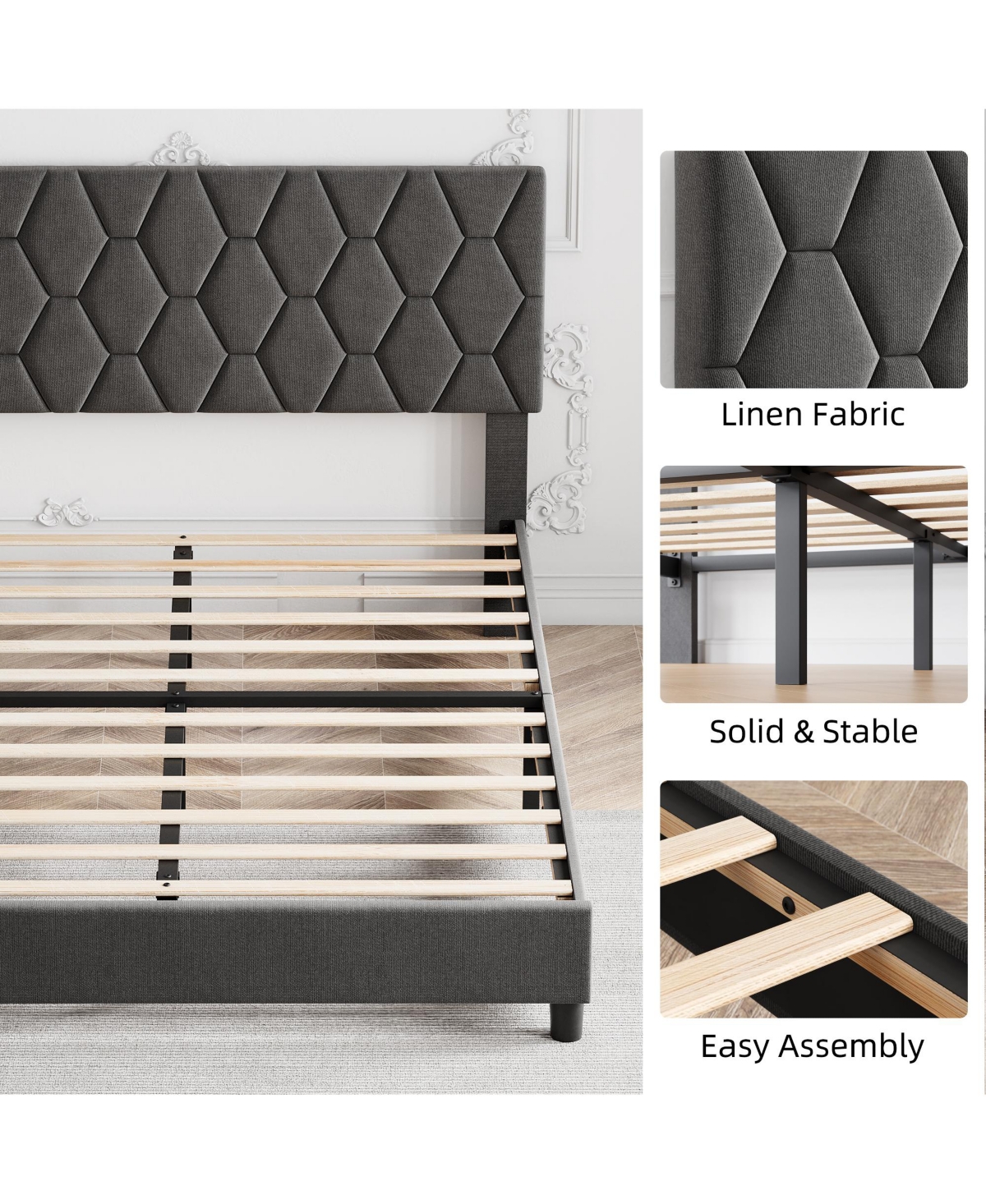 Homfan Full Bed Frame with Upholstered Headboard, Heavy-Duty Platform Bed Frame with Strong Wood Slats