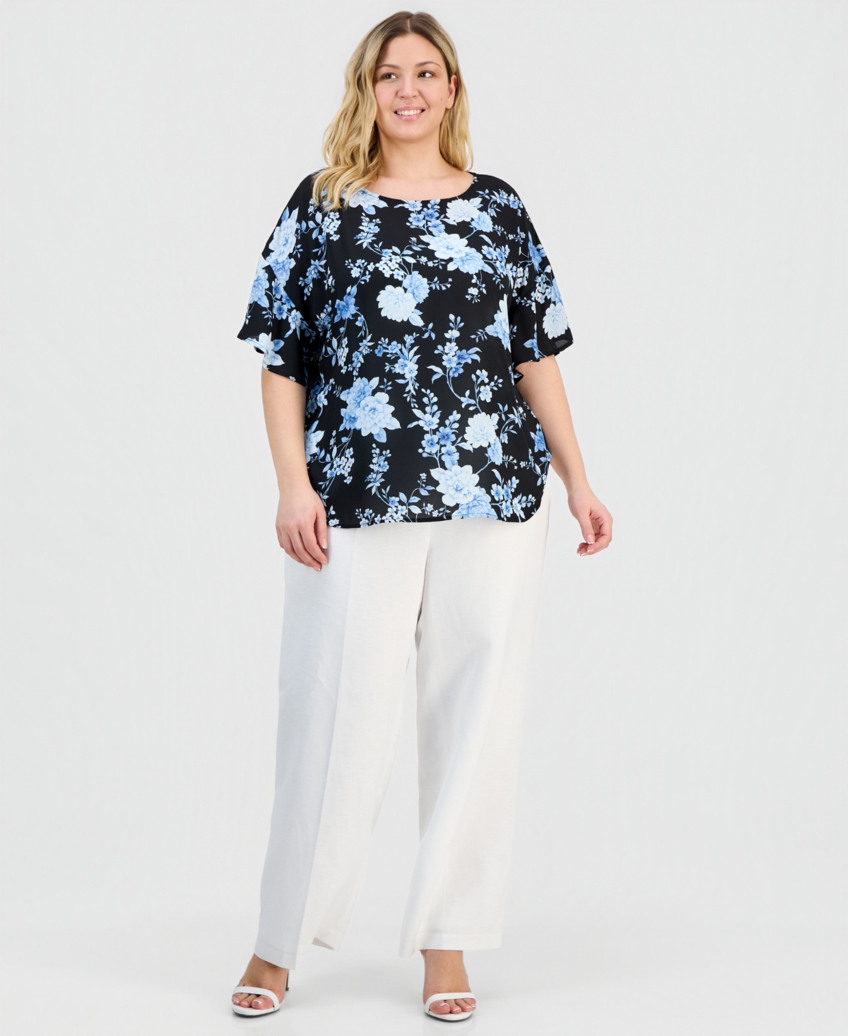 Anne Klein Plus Printed Flutter-Sleeve Top
